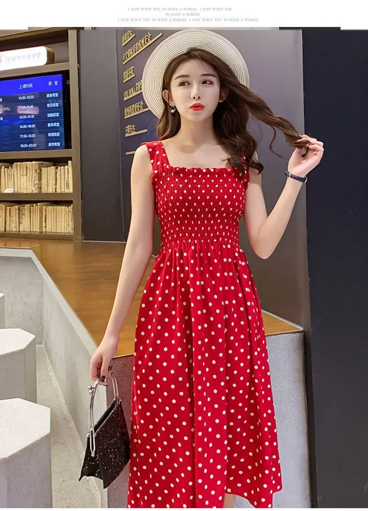 Damen Sommer Polka Dot Chiffon Langes Kleid Elegantes Quadratischer Ausschnitt Ärmelloses Kleid Lässige Damenkleider – Detail 25