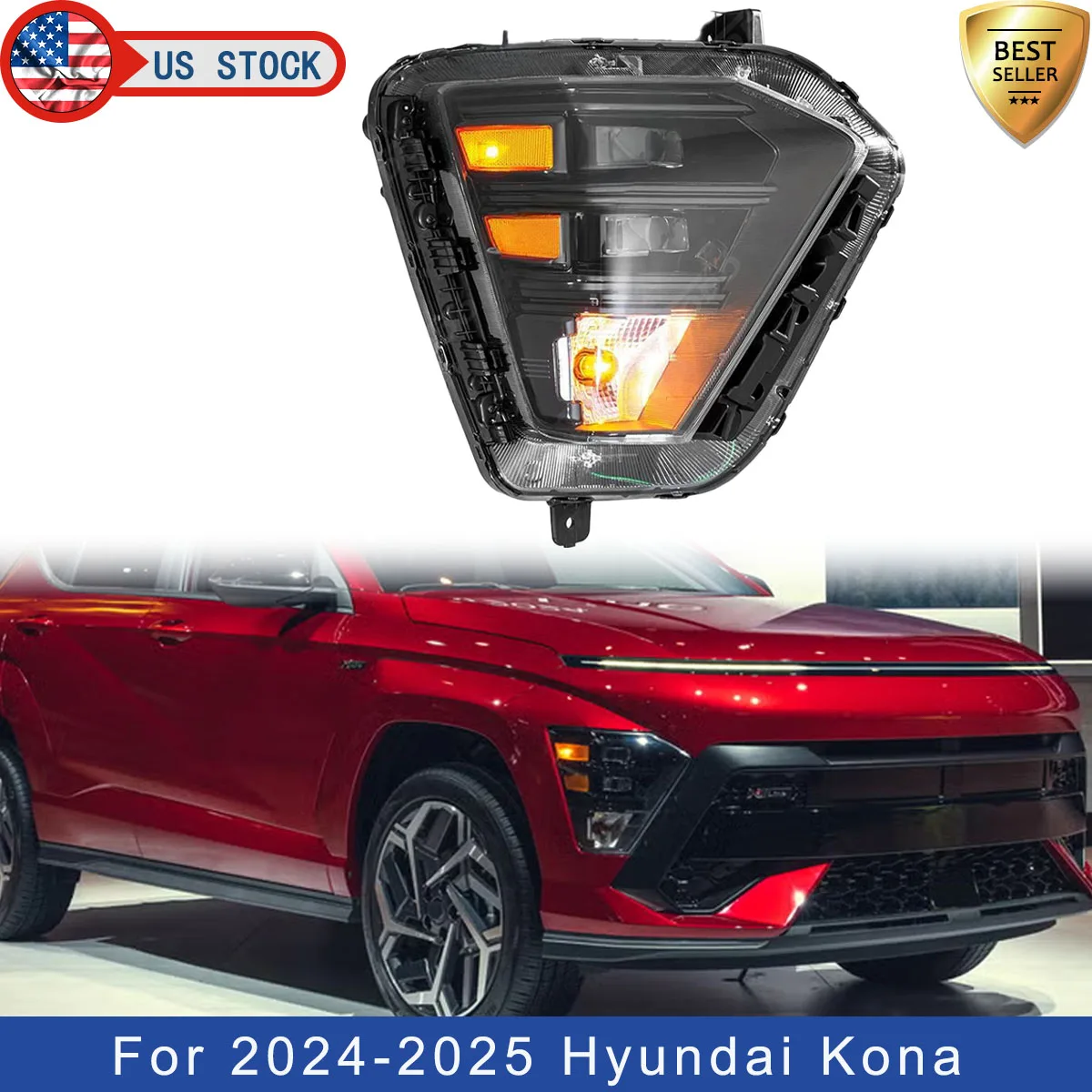 For Hyundai Kona LED Headlight Assembly 2024 2025 Right Passenger Side LED Headlight W/Halogen Signal Lights DRL Clear Directly