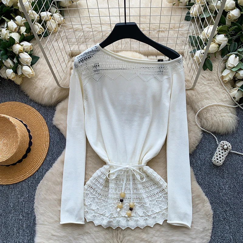 Women Vintage Knit Blouse Fall Long Sleeve Hollow Out Sweater Lace-Up & Tie Waist Skew Neck Pullover Sexy Casual Top  BL574