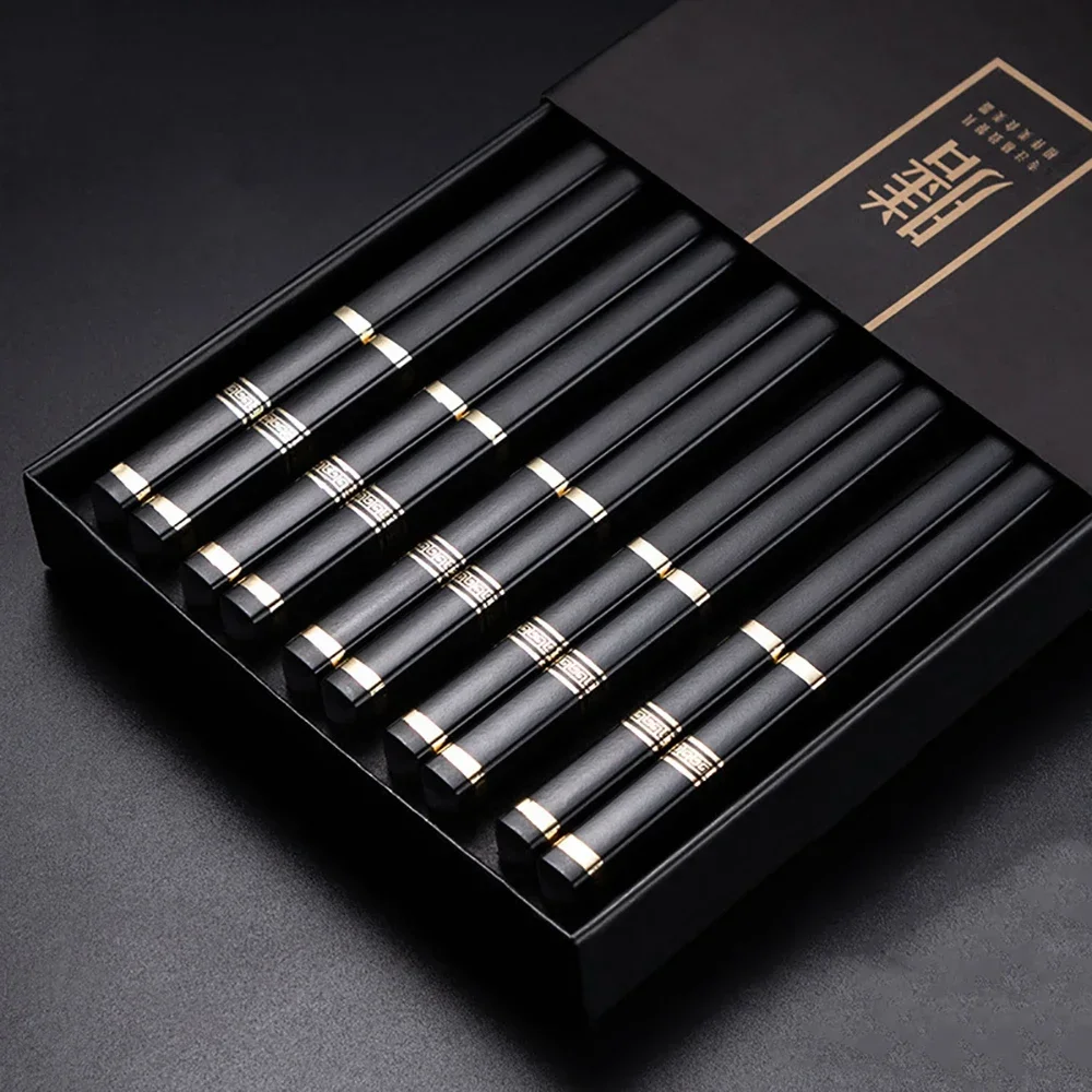 5-teiliges japanisches Essstäbchen-Set aus Legierung, rutschfest, Sushi-Essstäbchen-Set, schwarz, chinesisches Geschenk, wiederverwendbare Essstäbchen, Geschirr, Geschenk, Küche