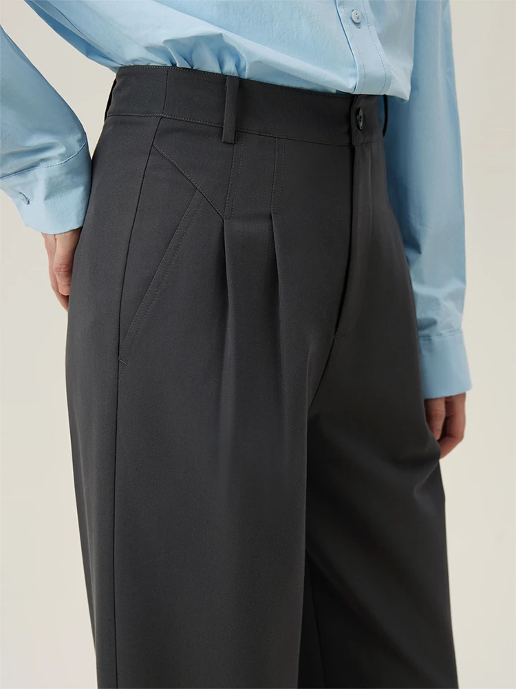 FSLE Waist Pleated Design Women Full Length Commuter Trousers 2024 Spring New Dark Grey Women Straight Suit Pants 24FS11147