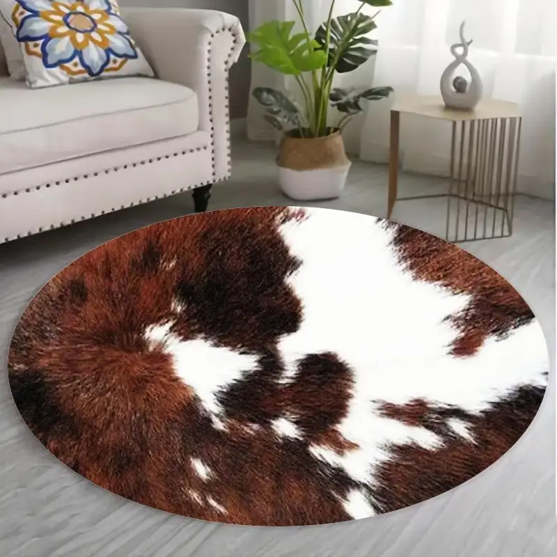 Cowhide Texture Round Rug Flannel Rustic Country Style Living Room Bedroom Floor Mat Home Decoration Natural Look Carpet