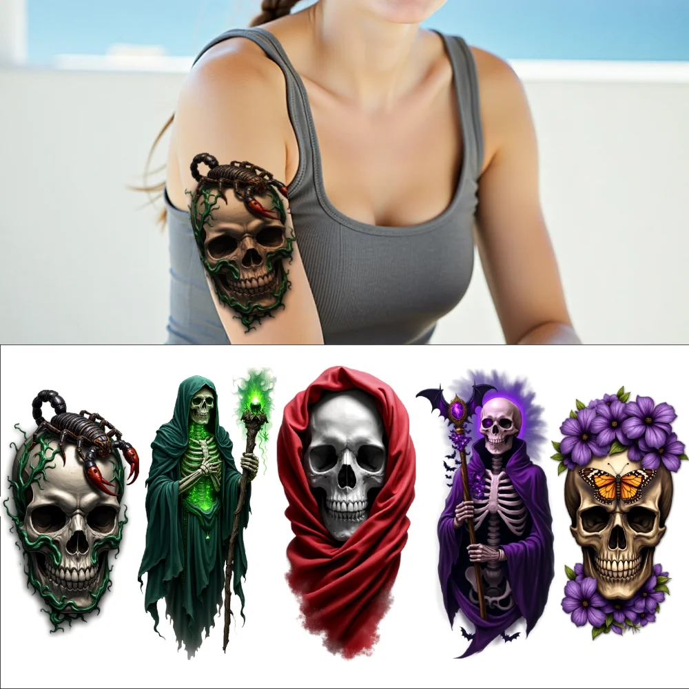 

3pcs Temporary Tattoo Violet Hooded Skeleton With Book Red And Blue Cloaked Skeleton Purple Cloaked Skeleton For Men Women