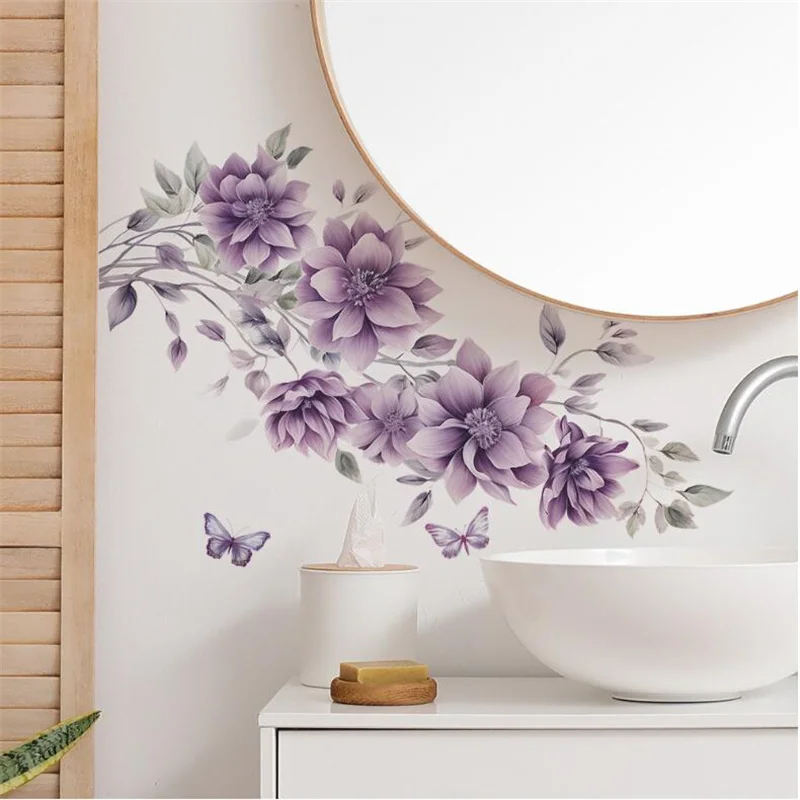 

1PCS Removable Painted Purple Flower Butterfly Wall Stickers For Glass Bedroom Living Room Bathroom Wall Decoration 35*60CM