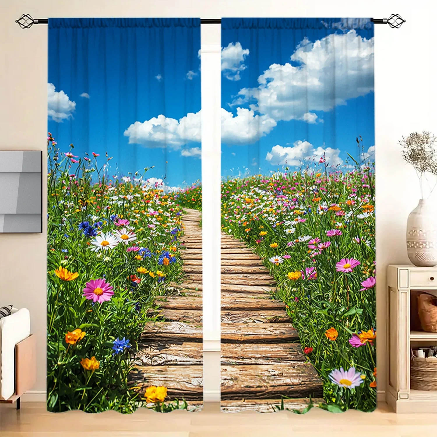 2pcs Rural Scenic Trail Printed Curtain for Home Decor - Rod Pocket Window Treatment for Bedroom, Office, Kitchen, Living Room,