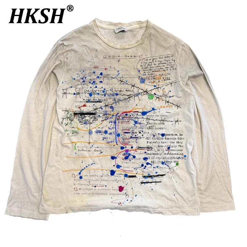

HKSH Винтажная стираная футболка с длинными рукавами, лето 2025 года, топы с принтом граффити, уличная одежда в стиле хип-хоп, хлопковые футболки HK5295