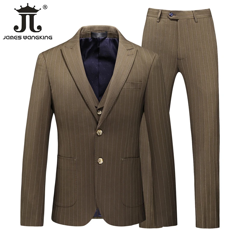 ( Jacket + Vest + Pants ) High-end Brand Formal Business Men\'s Suit Three-piece Groom Wedding High-end Brand Luxury Striped Suit