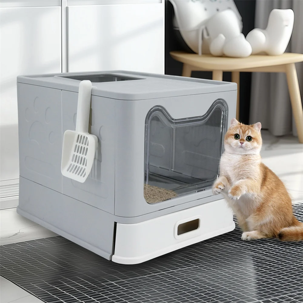 Enclosed Stainless Steel Cat Litter Box with Lid Scoop Large Litter Box Covered Top Entry Litter Pan High Sided Easy Cleaning