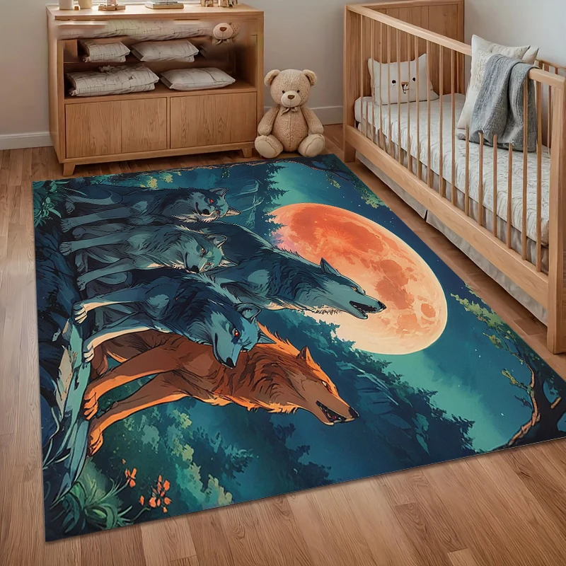 Moonlit Wolf Pack Print Area Rug Soft Non Slip Floor Mat Stylish Decorative Carpet for Nursery Bedroom Living Room Entryway