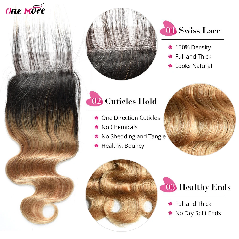 Mèches Body Wave 100% naturelles avec closure, couleur blond miel 1B 27, 4x4 pouces, partie libre