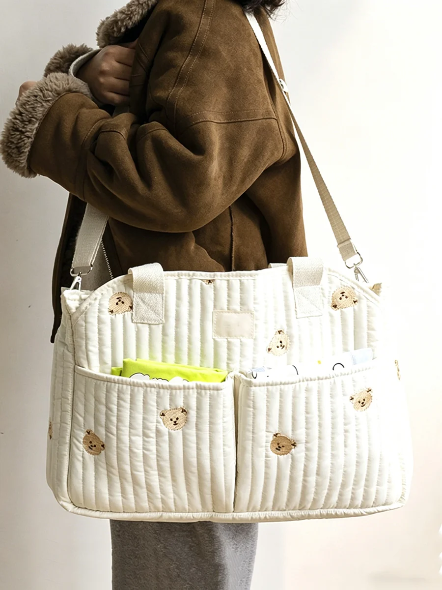 Mummy Bag With Bear Embroidery, Large Capacity Lightweight Tote_voghion.com