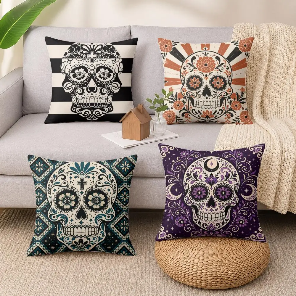 Floral Sugar Skull Cushion Cover Luxury Soft Plush Short Fur Cushion Case Warm Cozy Sofa Bed Decorative Home