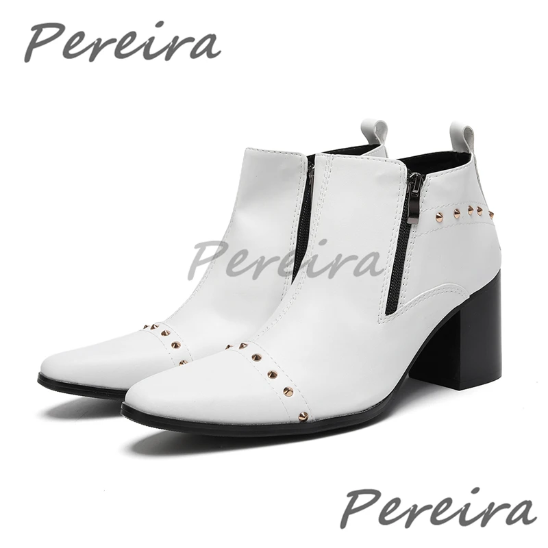 Black White Genuine Leather 7CM High Heels Short Boots Trend Pointy Toe Rivet Double Zipper Ankle Boots Business Dress Shoes