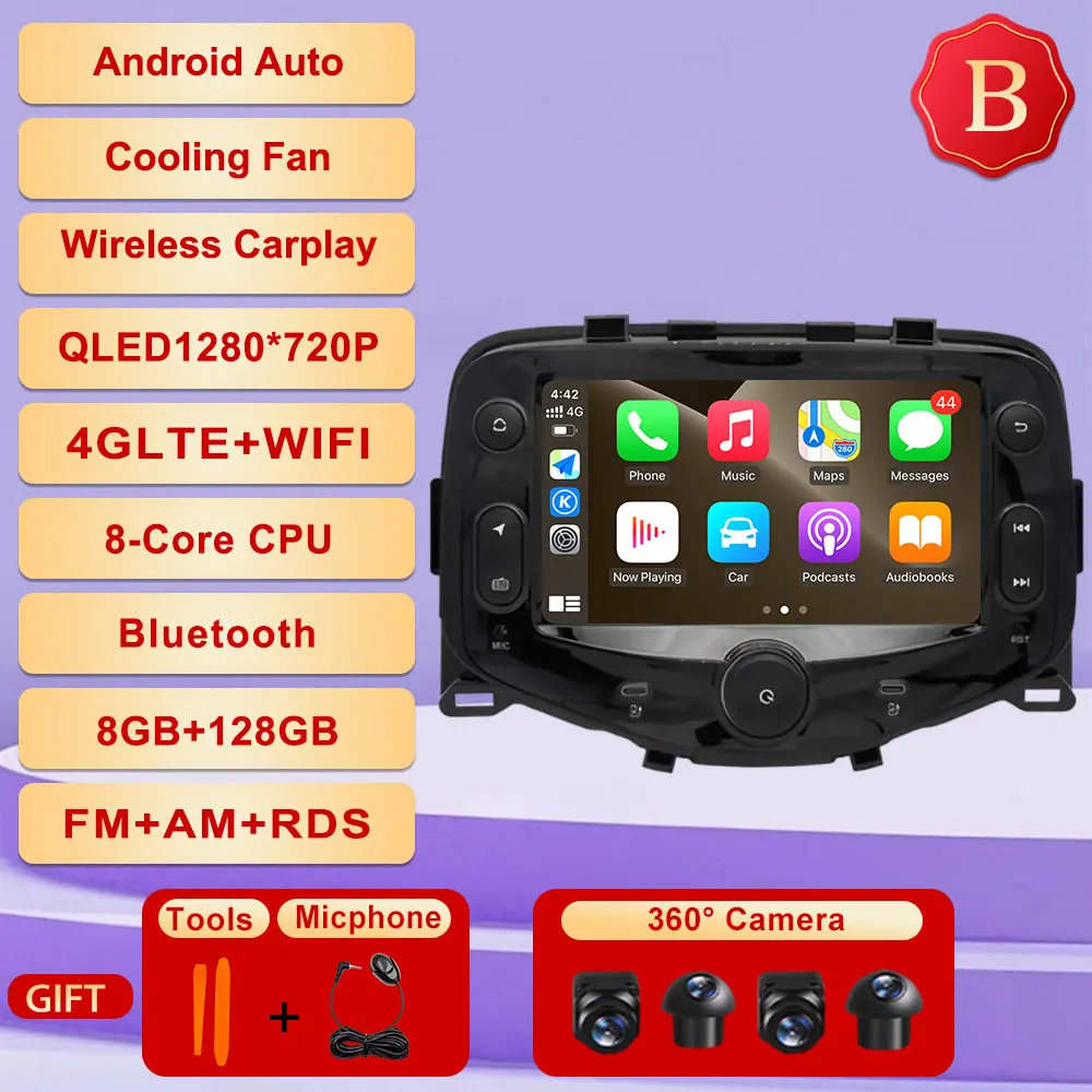 Android 15 Voor Toyota Aygo Peugeot 108 Citroen C1 2014-2021 Autoradio Multimedia Gps-navigatie Carplay Auto speler Bluetooth - afbeelding 1