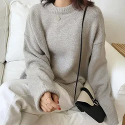 Knit Tops for Woman Grey Pullovers Round O Neck Beig Women's Sweater Modern Korean Style Y2k Vintage Aesthetic Fashion Jersey