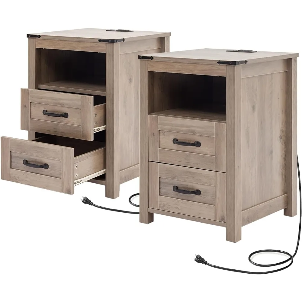 

Farmhouse Night Stand Set of 2, Rustic Sierra Nightstand for Bedroom, End Tables with Charging Station, Bedside Table with Drawe