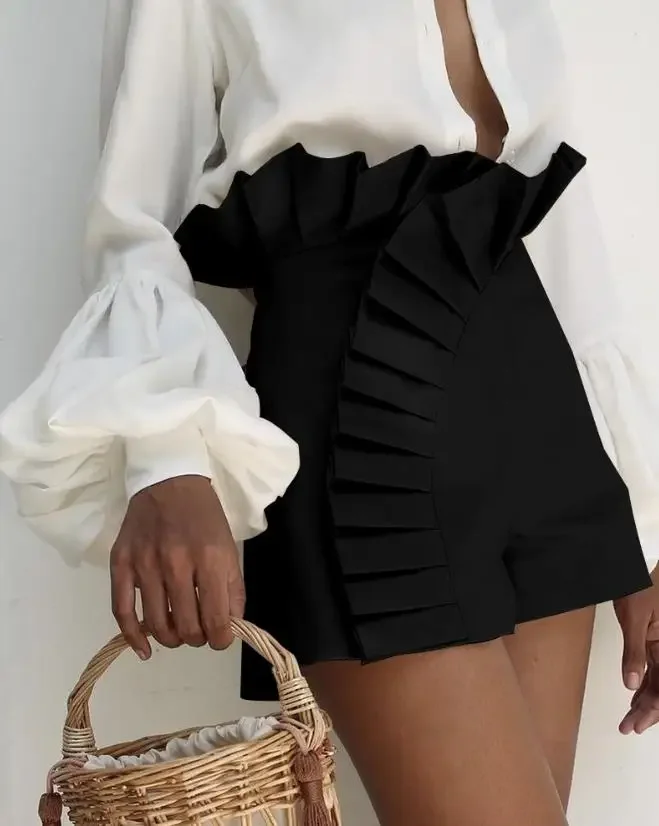 Elegant Summer Women Shorts New 2024 Fashion Versatile Casual Ruffle Hem Ruched High Waist Half Pants Y2k Clothes Streetwear