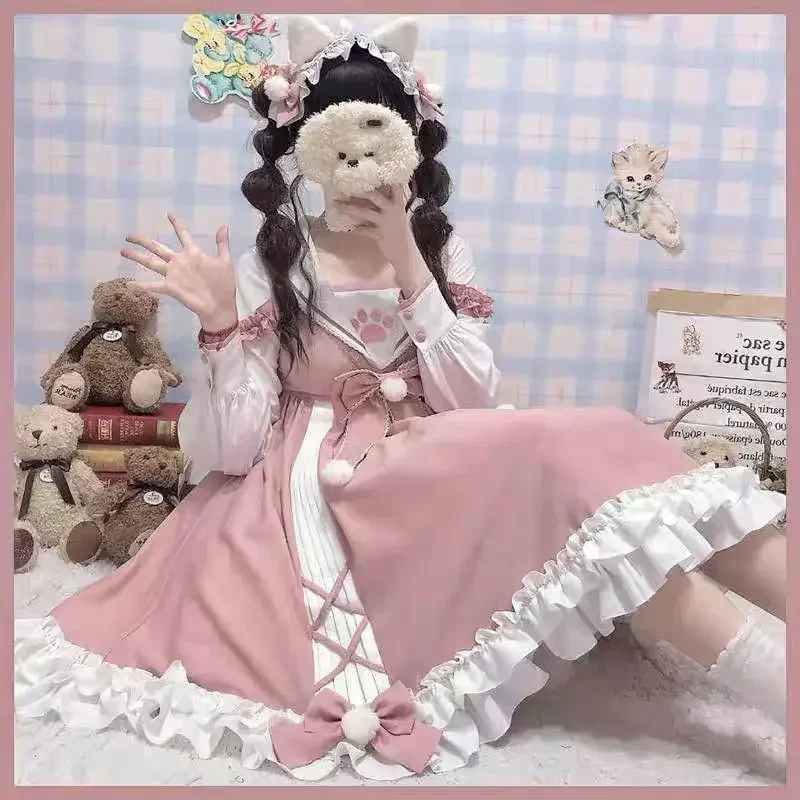 M-4XL dulce vestido de lolita con lazo rosa para mujer, vestido holgado de manga larga Kawaii para fiesta de té, princesa Cos OP Fairy Kei M17