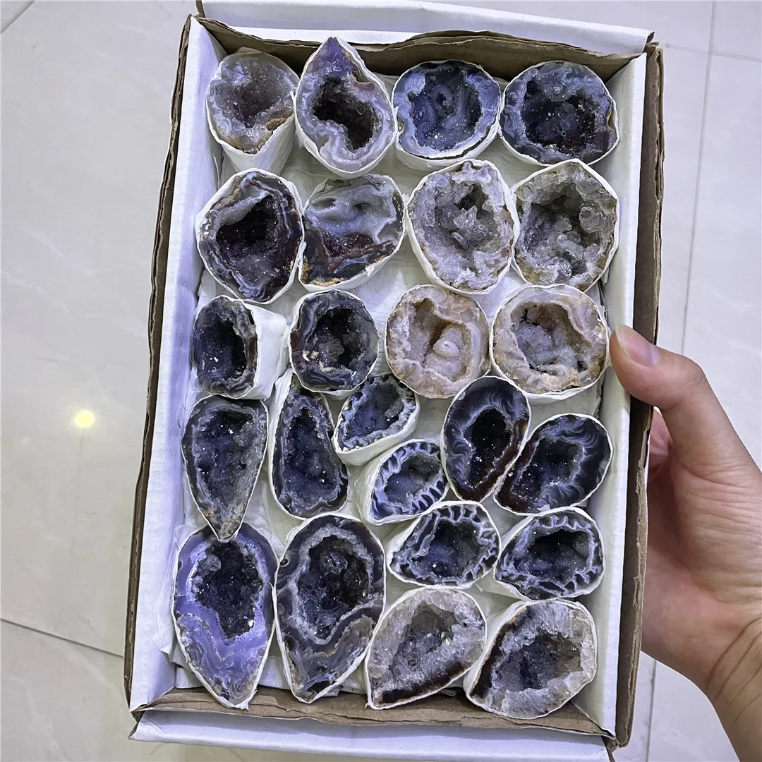 Original Rare Natural Pair Of Agate Crystal Drusy Hole Gift Box Set Dazzling Mineral Specimens Energy Rock Collectibles