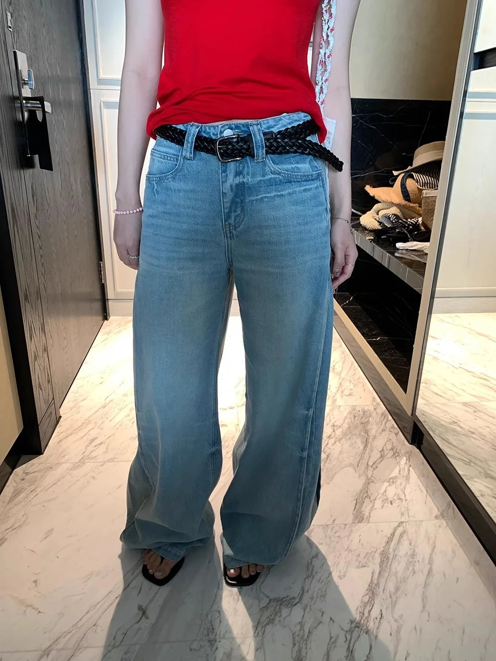 

Summer New Wide Leg Jeans Women's Casual Belted Design Versatile High Waist Pure Color Long Pants Korean Style