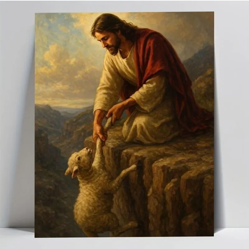 Professional art use Adult Paint by Numbers Kit - The Good Shepherd (Figure in Red Robe Rescuing Sheep) on Rocky Cliff Mountain