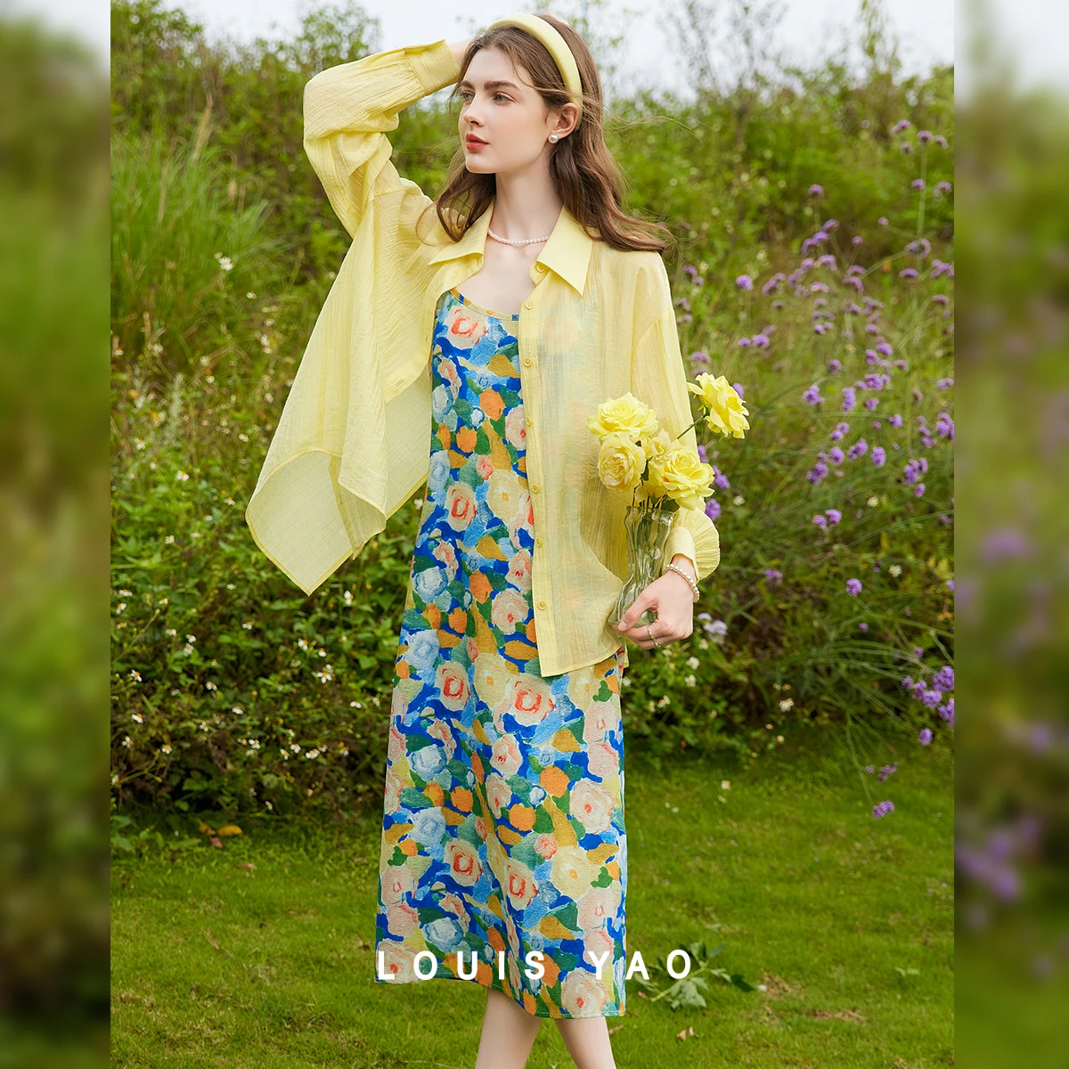 

LOUIS YAO Women's 2-Piece Set 2026 Spring/Summer Lyocell Shirt & Camisole Dress Pastoral Floral Matching Outfit