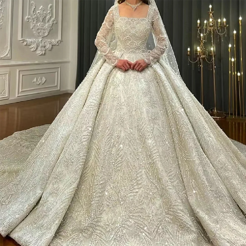 

Luxury Square Collar Full Sleeve Beading A-Line Bride Wedding Dresses Bridal Gowns Customized