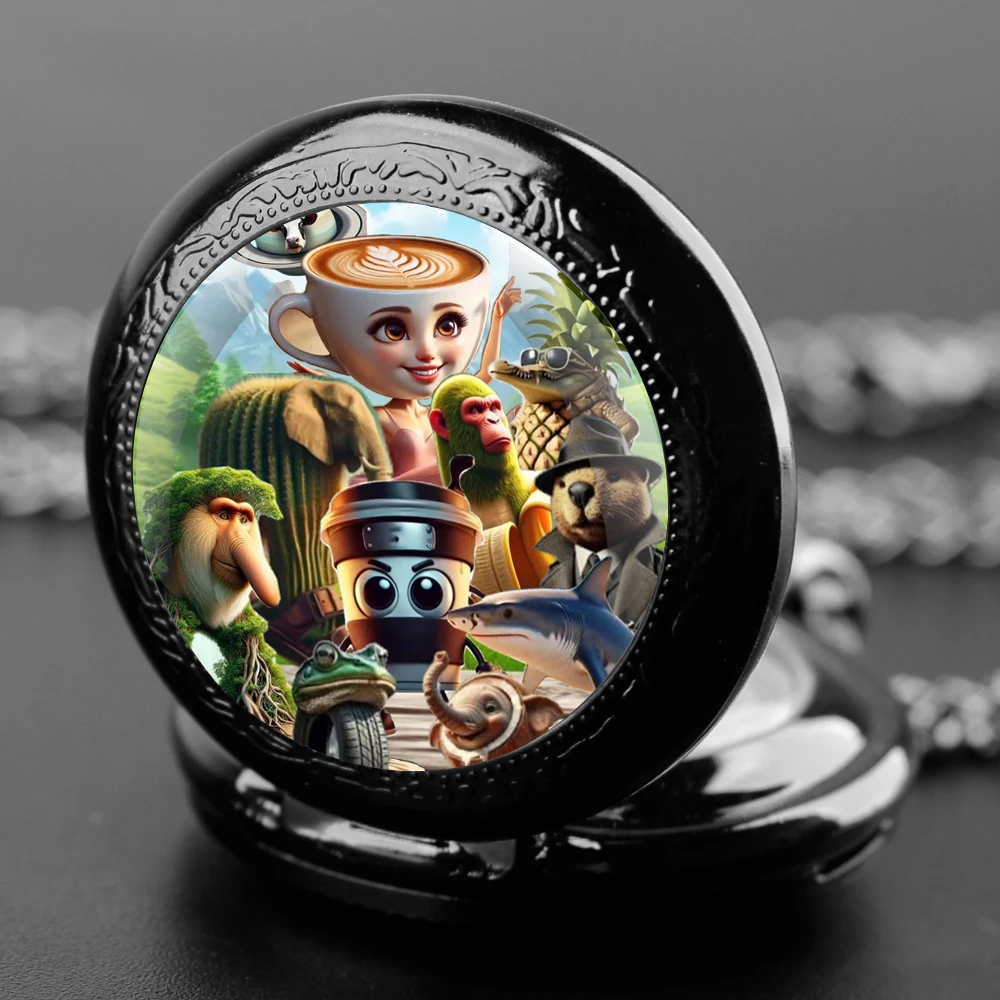 Handcrafted Funny Italian Brainrot Animals Glass Dome Quartz Pocket Watch Necklace Unisex Accessory Gift