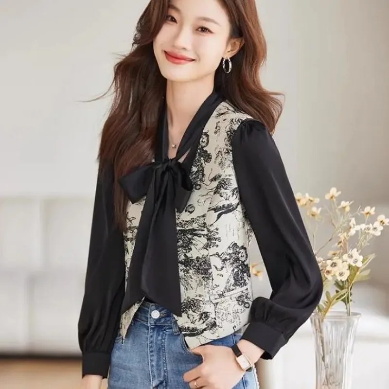 

Женская черно-белая блузка с принтом, с завязками на шее, длинными пышными рукавами, повседневный топ