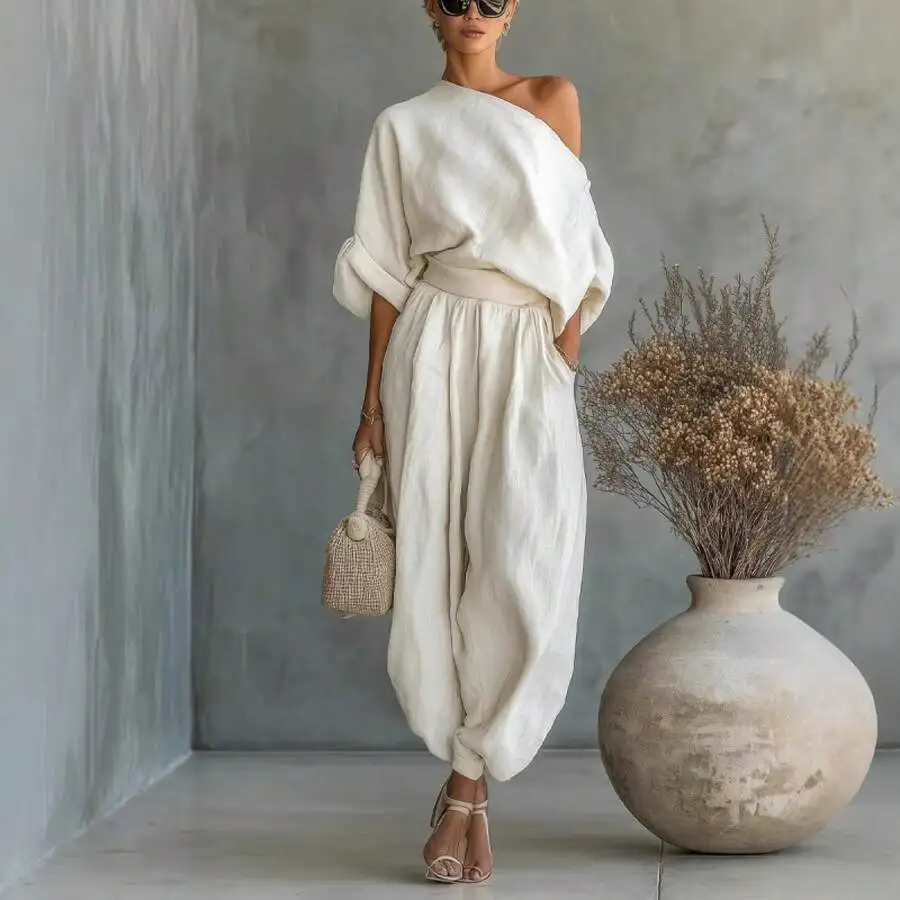 

Asymmetrical Shoulder Short Sleeve Top And Loose Long Pants Women Two Piece Set