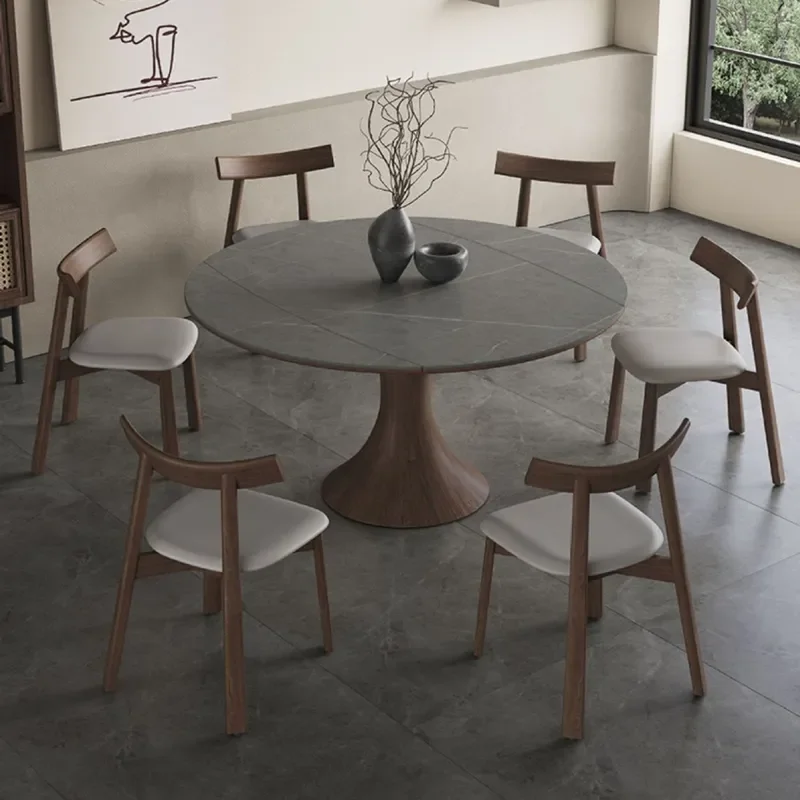 Nordic Solid Wood Dining Table with Induction Cooker Variable Round Italian Folding Walnut Wabi Sabi Retractable Rock Slab