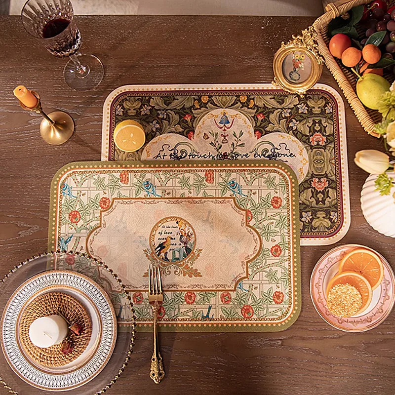 Vintage Floral Prairie Chic Leather Placemat,Waterproof Oil Resistant Heat-insulating Mat,LightLuxury American English Table Mat