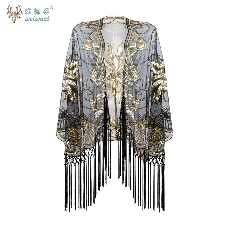 

Бальное вечернее платье в стиле ретро с сетчатой легкой шалью, шаль с кисточками и блестками ручной работы, ранняя осень