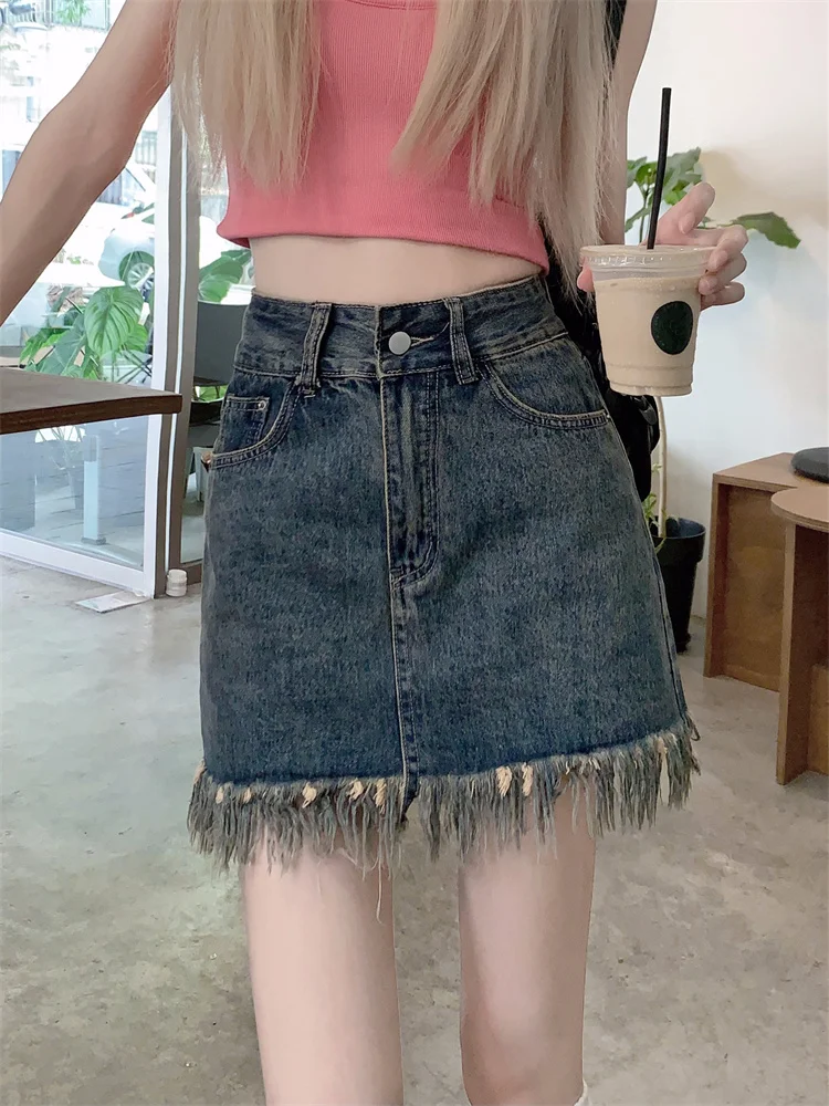 スパイシーガールレトロデニムスカート レディース 秋新作 大きいサイズ デザインセンセーション 小さなクロスフリンジ Aライン ボディコンスカート
