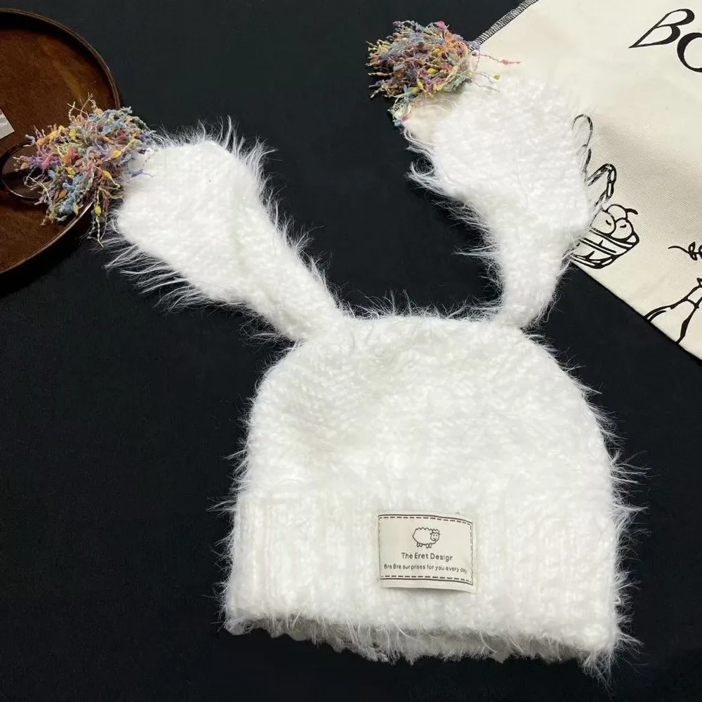 

Personality Rabbit Ears Shape Winter Hat Tassel Design Solid Color Knitted Cap Hat Autumn Winter