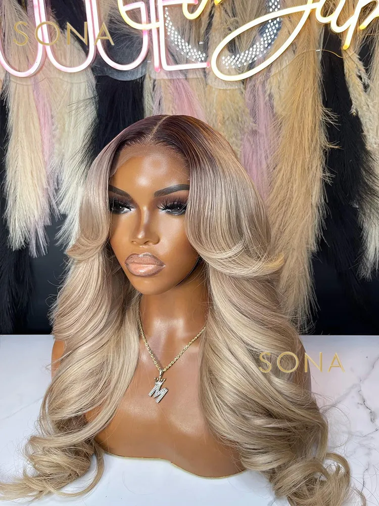 Perruque Lace Front Wig naturelle avec racines foncées, cheveux humains, blond miel ombré, 13x6, 13 tage