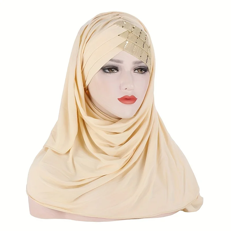 Forehead Sequins Instant Hijab Solid Color Soft Smooth Stretchy Pullover Head Wrap Casual Sunscreen Turban