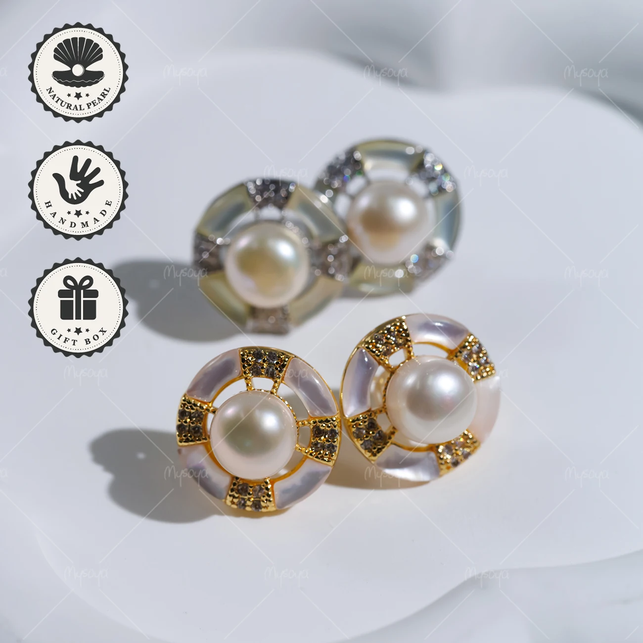 

MYSOYA 8-9mm White Freshwater Pearl Stud Earrings, Golden or Silvery Mother of Pearl, With Gift Box, Birthday Gift
