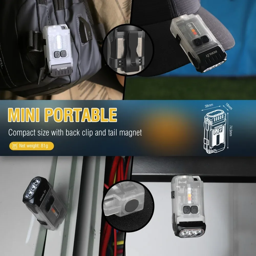 BORUiT V15 LED Keychain EDC Fluorescence Flashlight Clip Warm Work Light Type-C Rechargeable Torch Magnet Camping Pocket Lantern