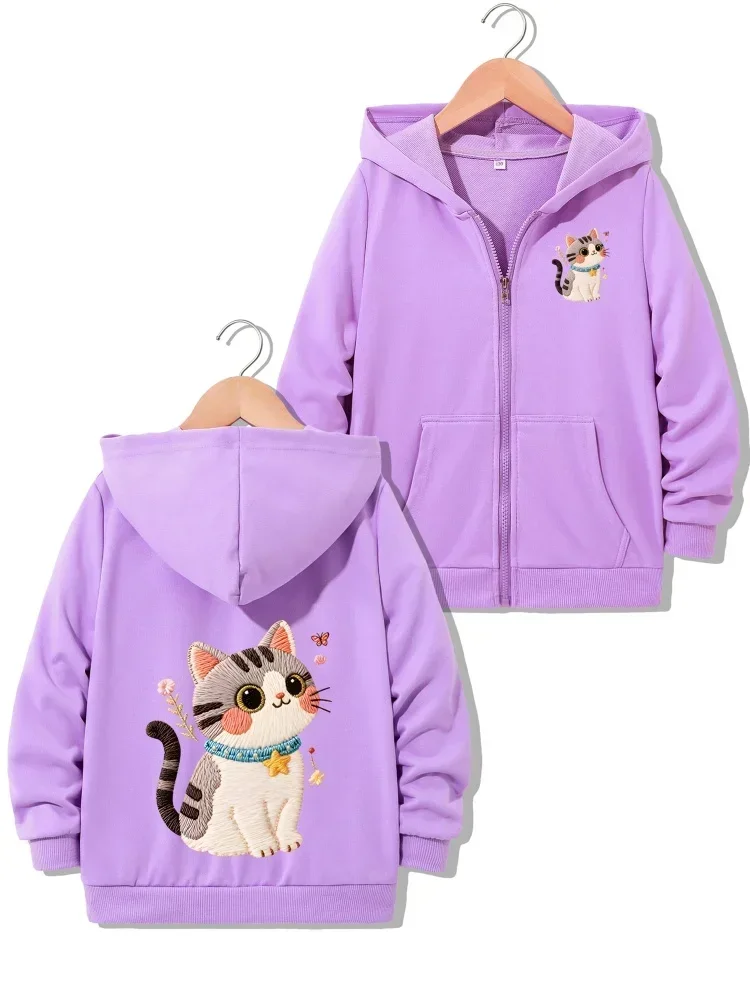 Girls Zip Up Hooded Jacket Cute Embroidery Style Tabby Cat Butterfly Star Front Back Print Long Sleeve Pocket Casual Outer Coat
