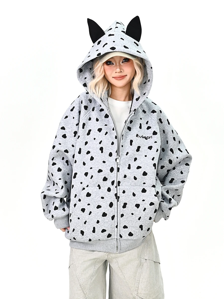 

Spring 2026 Loose Women's Hoodie Cardigan Printed Ear College Sle Jaet Fem Casual Long Sve Zipper Closure Hooded Coat