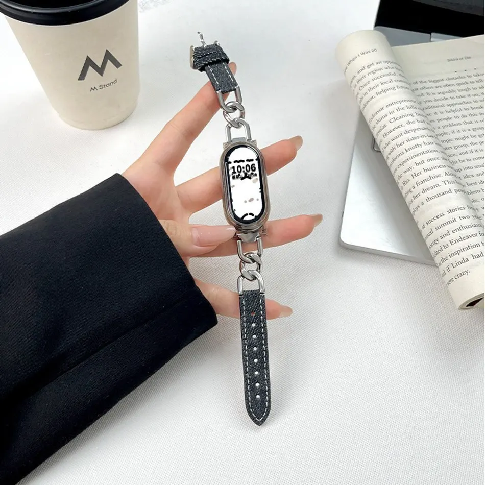 Strap For Xiaomi Mi Band 8 7 Fashion Denim Leather Metal Chain Bracelet Watch Band For Miband 7 8 Wristband with Protect Case