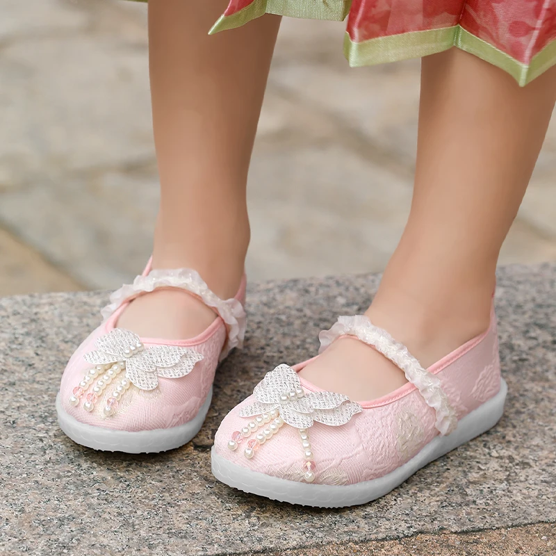 2026 Girl Embroidered Mary Janes Elegant Beading Butterfly Children's Festival Dress Shoes Princess Sweet Kids Hanfu Flat Shoes
