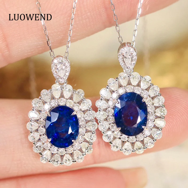 

LUOWEND 18K White Gold Pendant Natural Blue Sapphire Necklace Luxury Diamond Party Jewelry for Women Exquisite Gemstone Fine