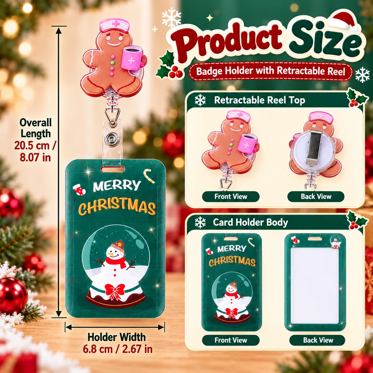 Christmas retractable badge reel and ID card holder, gingerbread man acrylic decoration, suitable for office work name tags