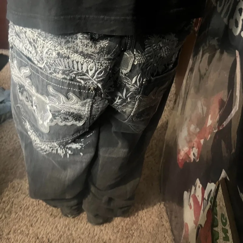 

Y2K Street Clothing New Fashion Embroidered Baggy Jeans Men Gothic Harajuku Pop Vinyage Casual Straight Wide-leg Denim Trousers