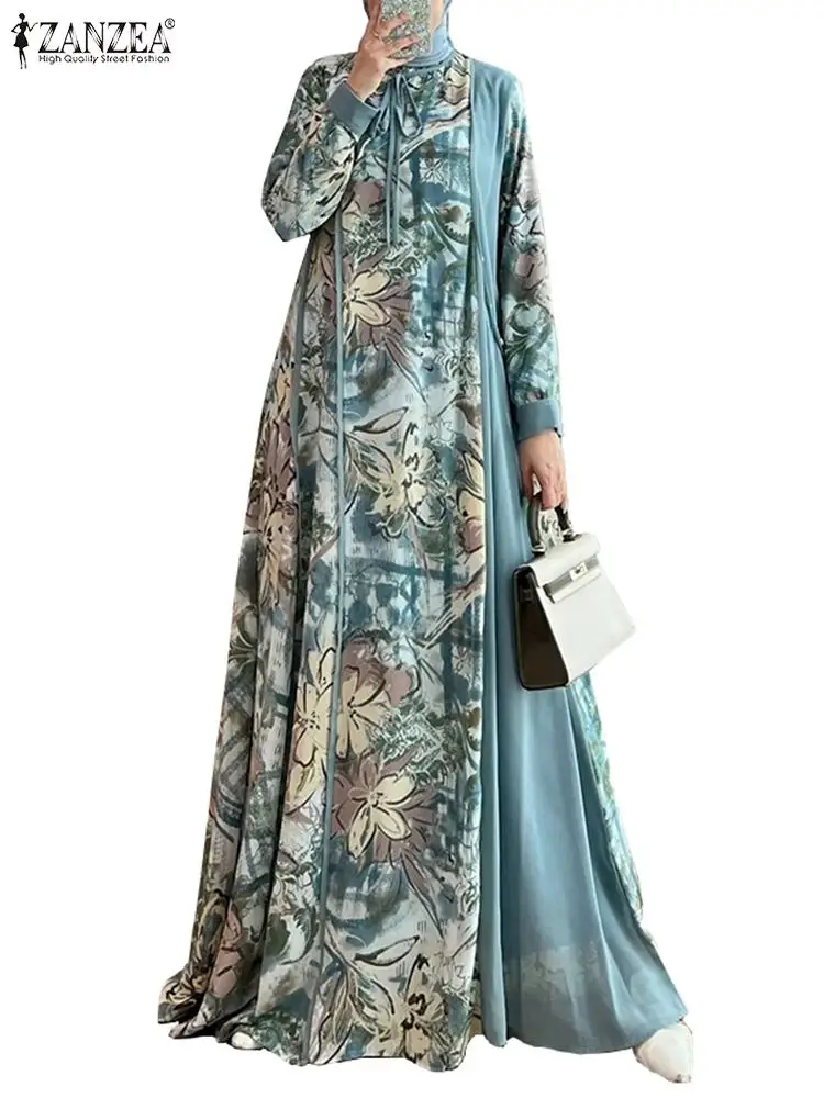 ZANZEA Stylish Floral Print Patchwork Maxi Dress Women Elegant Long Sleeve Tied Neck Abaya Robes Islamic Muslim Long Vestidos