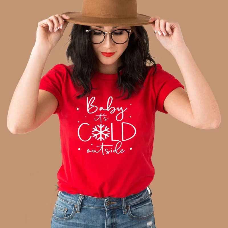 Vintage Women T Shirt Cotton O Neck Graphic Tee Baby Its Cold Outside Ladies T-shirt Merry Christmas Red Colour Tshirt