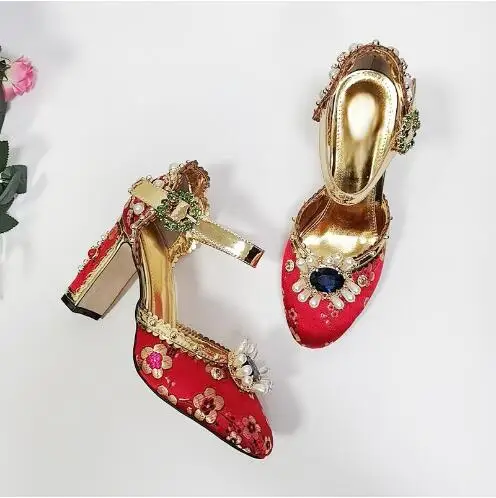 

Red Silk Cheongsam Print Pearl Diamonds Round Toe Summer Sandals Woman Floral Flower Cover Block Heel Party Bride Dress Shoes