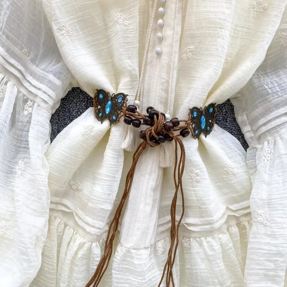 Sweet Embroidered O-neck Lace-up Vintage Lantern Long Sleeves Ruffle Slim Ball Gown Dresses French Vacation High Street Clothing